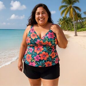 Trimshaper 24W Tankini Top Tummy Control Slimming Floral Plus Swimwear GUC